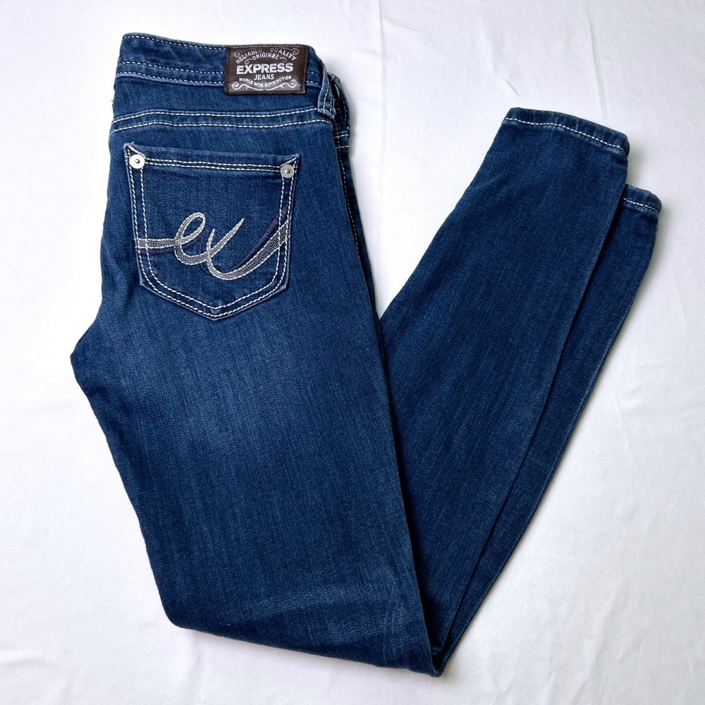 Express Womens Low Rise Contrast Stitch Legging Jeans Size 2 Dark Wash Blue